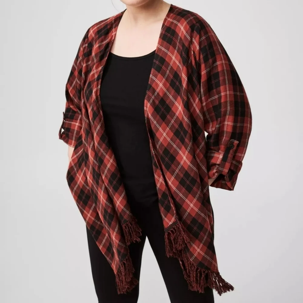 Torrid plus sz Buffalo plaid brushed flannel Drape front kimono sz 5X - Picture 2 of 12